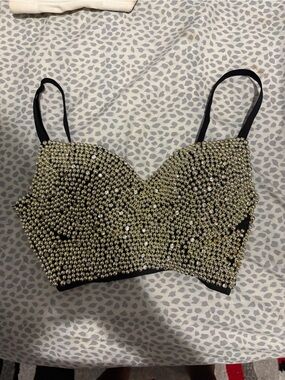 Embellished Rhinestone Bandeau Crop Top - Gold